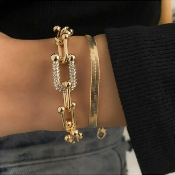 Gold U Link Zircon Bracelet with Gold Bracelet - Picture 3 of 4